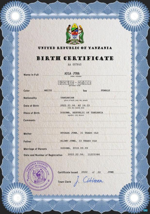 Download Tanzania birth certificate PSD template Photoshop template